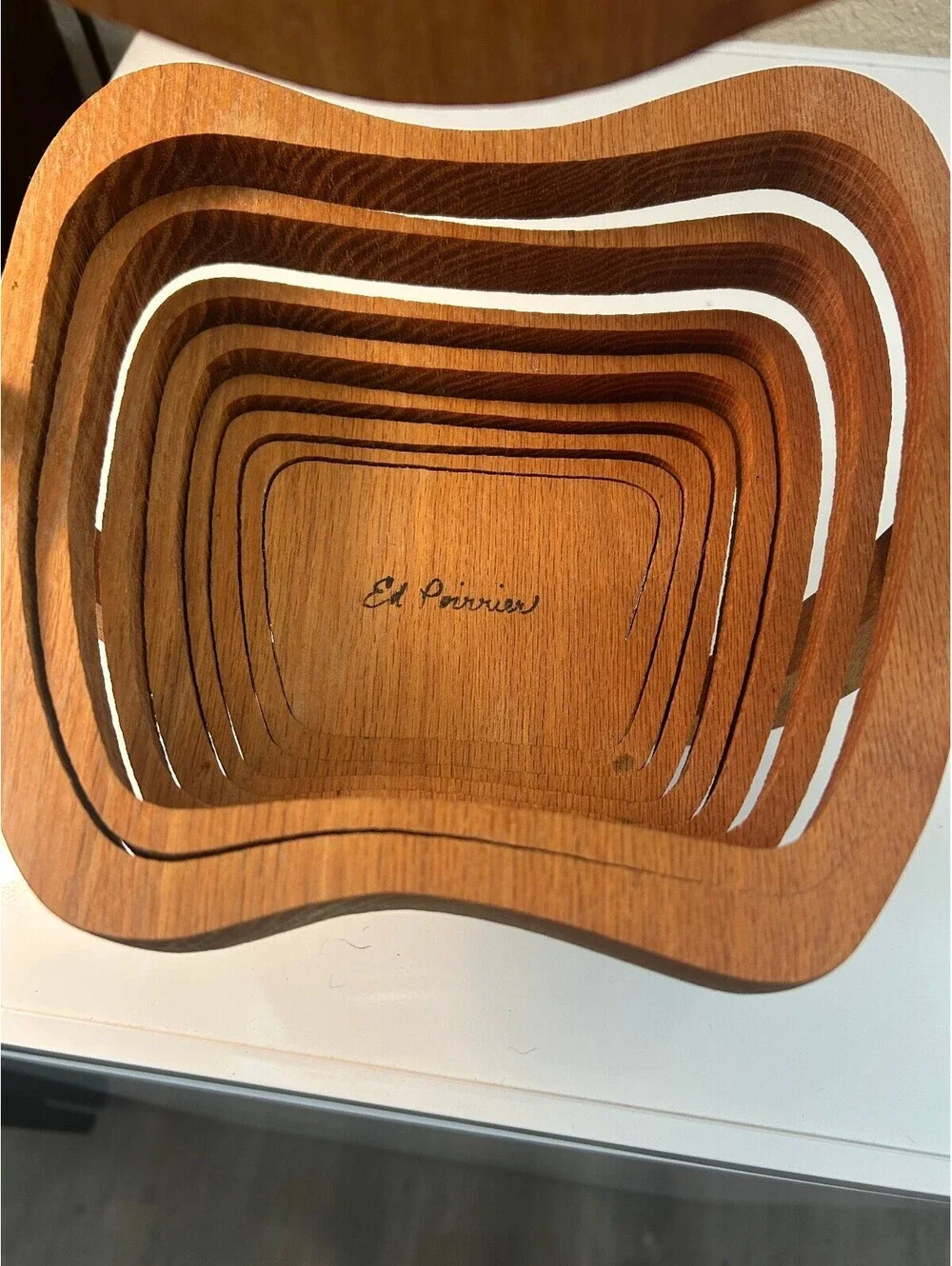 Vintage Collapsible Wood Apple Basket Folding Fruit Bowl Signed Ed Perrier